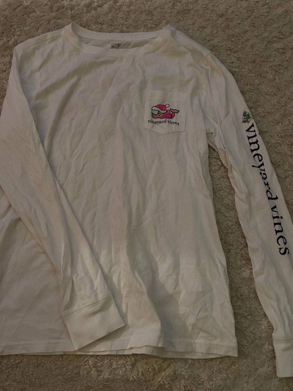 Vineyard Vines White Long Sleeve Tee with Pink Pocket Whale